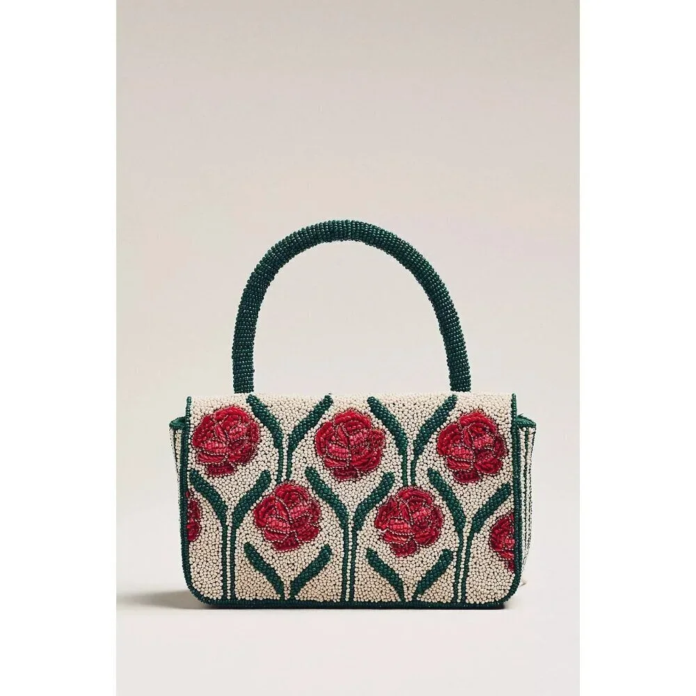 Anthropologie Beaded Fringe Floral Top-Handle Bag